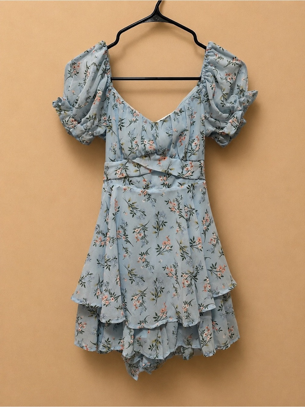 Blue Rain Powder Blue Floral Puff Sleeve Mini Dress